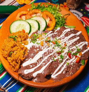 Enfrijolada — corn tortillas with vegetables topped with beans